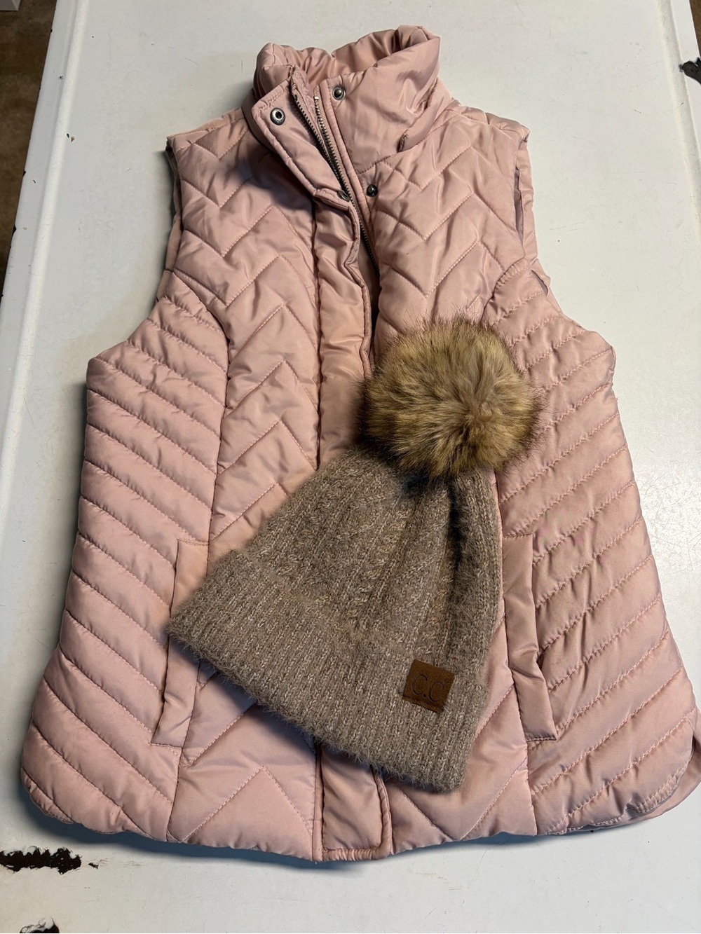 Quilted Pink Puffer Vest with Beanie